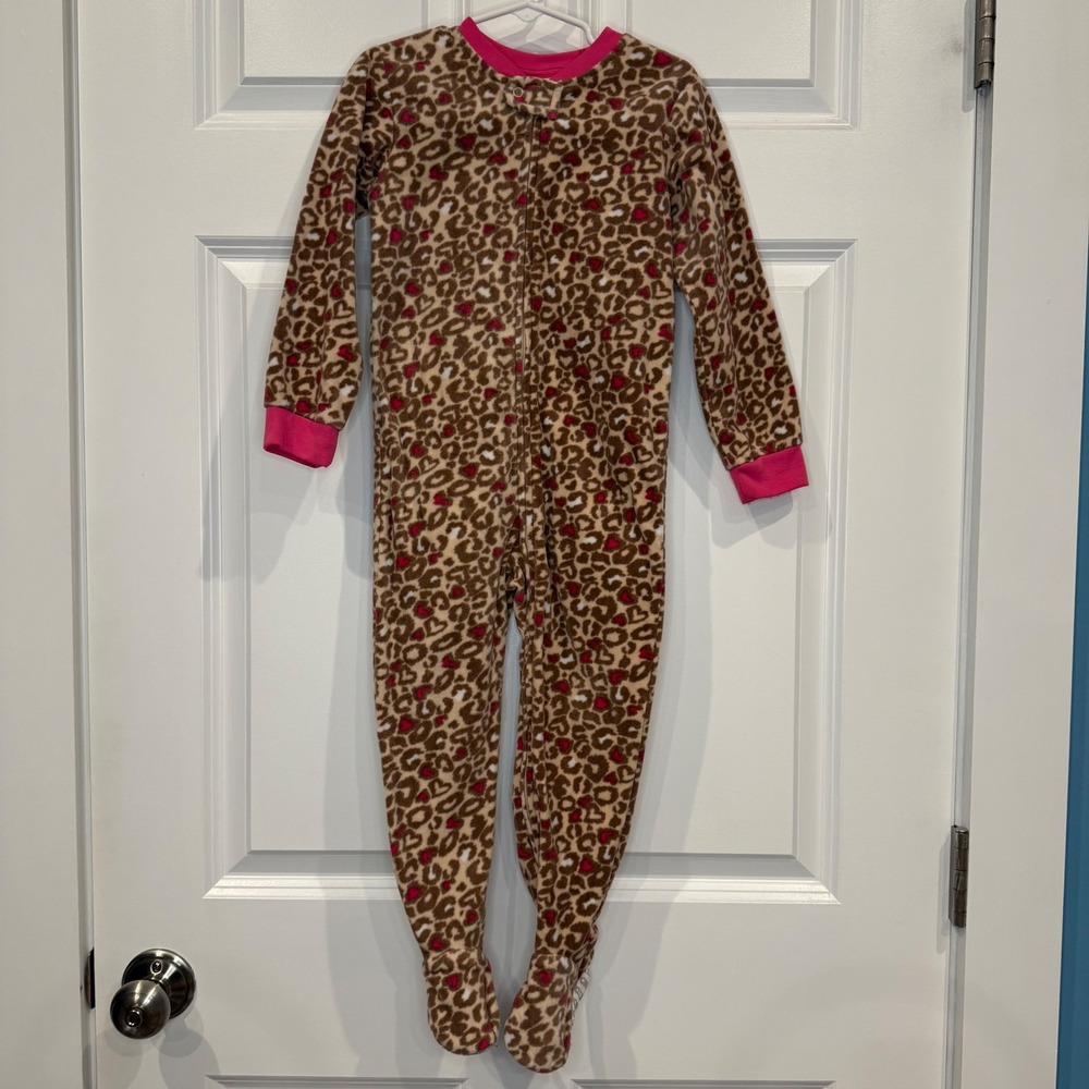 Wonder Kids Girls Size 4T Leopard‎ Heart Fleece Footed Pajamas Sleepwear